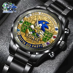 Sonic the Hedgehog 35th Anniversary stainless steel watch with a green checkered dial, gold accents, and gem markers.!