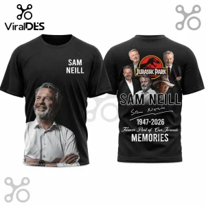 Black short-sleeve t-shirt with Sam Neill portrait on front and Jurassic Park tribute graphic on back.!