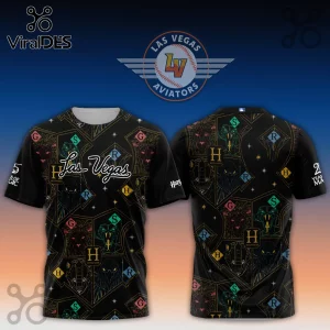 Las Vegas Aviators x Harry Potter 2026 black T-shirt featuring Hogwarts house crests, star patterns, and baseball graphics.