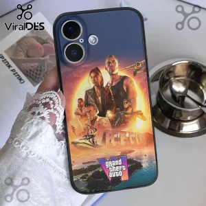 Grand Theft Auto VI Vice City Clear Phone Case 2026 featuring game characters and a sunset coastal city backdrop.