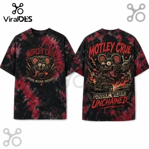 Motley Crue t-shirt with black and red tie-dye print, graphic rat driving a hot rod, and bold red text on back.!