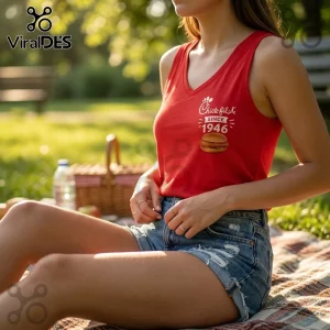 Chick-fil-A Since 1946 Fast Food V-Neck Tank Top in red with a screen-printed logo and chicken sandwich graphic.