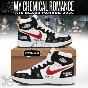 Custom My Chemical Romance The Black Parade high-top sneakers with white, black, and red details and band member signatures.!