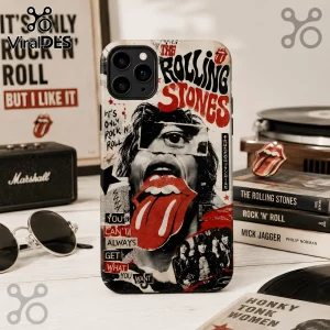 Rolling Stones Retro Magazine Phone Case featuring a black and white Mick Jagger collage with red tongue logo branding.