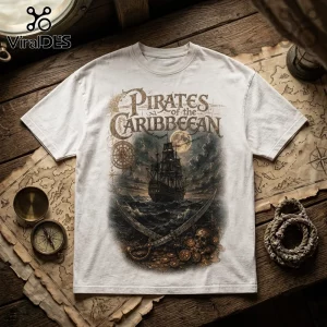 White cotton t-shirt featuring a dark illustration of a ship, full moon, cutlasses, skull, and Pirates of the Caribbean text.!