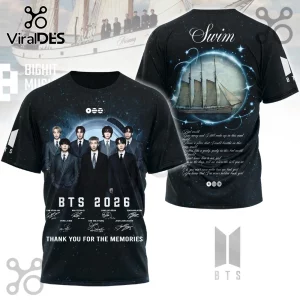 BTS 2026 Thank You For The Memories signatures hoodie featuring front group portrait and rear ship graphic on black fabric.