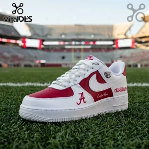 Nike Air Force 1 custom sneakers featuring Alabama Crimson Tide colors, logos, and lettering on a football field background.!