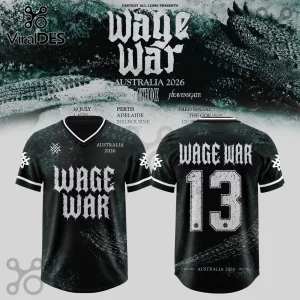 Wage War 2026 Australian Tour Crocodile Football Jersey featuring a black scale pattern, team branding, and number 13.