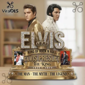 Elvis Presley The King 3D Sculpted Commemorative Plaque featuring portraits, rhinestone lettering, and gold trim detail.