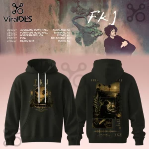 Black cotton hoodie featuring FKJ graphic prints on front and back with tropical sunset motifs and musical equipment.!