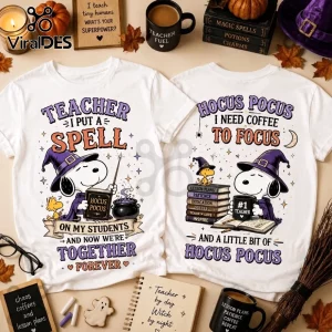 Snoopy Hocus Pocus Teacher Coffee White T-Shirt featuring Snoopy as a wizard with Woodstock and witch-themed graphics.