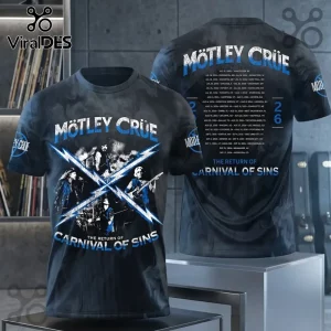 Motley Crue 2026 The Return of Carnival of Sins shirt displaying band members, blue lightning bolts, and tour city dates.