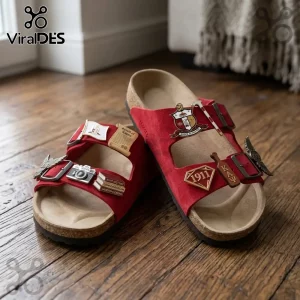 Red suede double-strap sandals with cork footbeds, adorned with Kappa Alpha Psi metal fraternity pins and charms.!