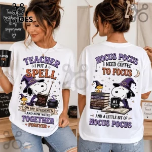 Snoopy Hocus Pocus Teacher Coffee White T-Shirt showing front and back prints of Snoopy in a witch hat with text graphics.