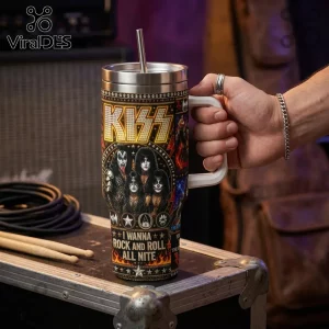 KISS band stainless steel tumbler with handle, straw, and rock and roll graphics on a dark textured background.!