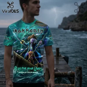 Iron Maiden graphic t-shirt featuring Eddie as a pirate on a ship with green lightning and ocean background text.!