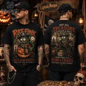 Rat Fink Haunted Treasure Captain Morgan t-shirt featuring a green monster character, rum bottle, and pirate imagery.