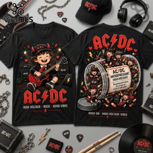 AC/DC Antidepressant Rock Band T-Shirt 2026 design on black cotton featuring cartoon guitarists and pill bottle graphics.