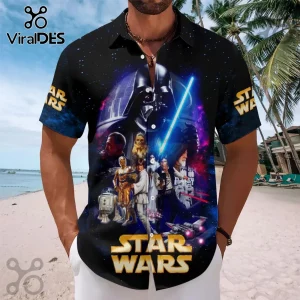 Short-sleeve black button-up shirt featuring a Star Wars collage print including Darth Vader, Luke Skywalker, and Han Solo.!