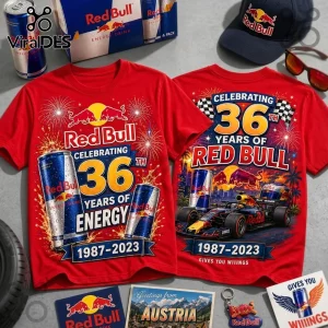 Red Bull 36 Years Anniversary Red T-Shirt with printed graphics of energy drink cans, fireworks, and Formula 1 car imagery.