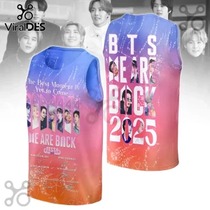BTS Festa 2025 Members Sunset Hoodie featuring blue to pink gradient, band member portraits, and text We Are Back 2025.