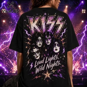 Black t-shirt featuring KISS band portraits, lightning bolts, and the text Loud Lights, Wild Nights. in purple and gold.!