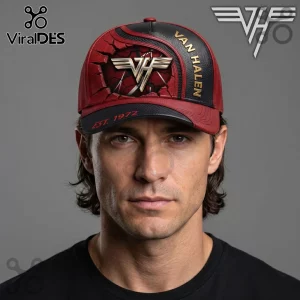 Van Halen Logo Red and Black Baseball Cap featuring a cracked texture effect and gold emblem on a man.