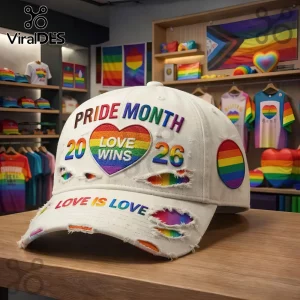 Distressed white baseball cap featuring Pride Month embroidery, a rainbow heart patch reading Love Wins, and 20 26 text.!