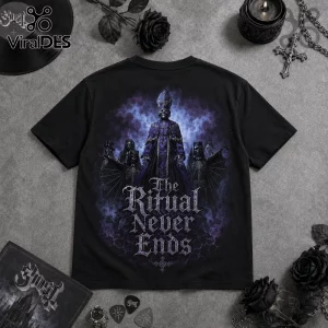 Black t-shirt featuring Ghost band imagery, a central Papa Emeritus figure, skeletal ghouls, and purple mystical smoke.!