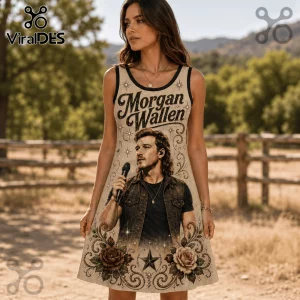Woman wearing a beige tank dress featuring a printed portrait of Morgan Wallen, roses, stars, and western flourishes.!
