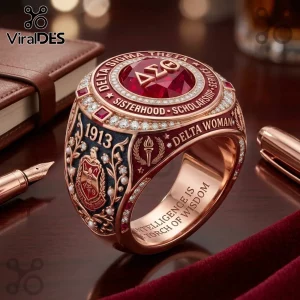Delta Sigma Theta rose gold ring featuring a large red central stone, Greek letters, 1913, and engraved inspirational quotes.!