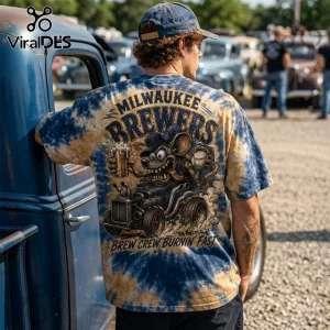 Milwaukee Brewers tie-dye t-shirt featuring a cartoon rat driving a hot rod, holding beer and a baseball.!