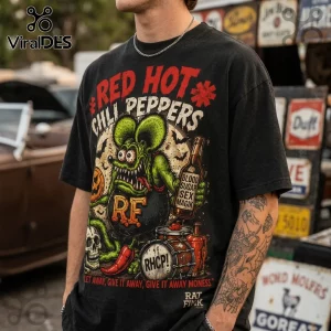 Red Hot Chili Peppers x Rat Fink Halloween mascot t-shirt featuring a green cartoon rat, skull, and drum on black cotton.