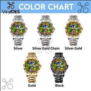 Five Sonic the Hedgehog 35th anniversary wristwatches in silver, silver-gold, gold, and black metal finishes.!
