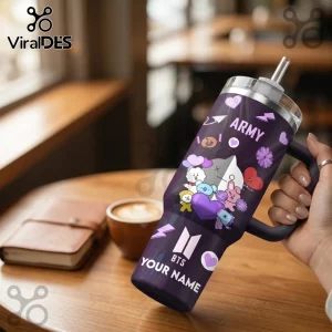 BTS Festa 2025 Custom Name Handle Tumbler in dark purple featuring BT21 characters, lightning icons, and white text logos.