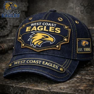 Navy blue West Coast Eagles baseball cap with gold embroidered eagle logo, metallic studs, and Est. 1986 side patch.!