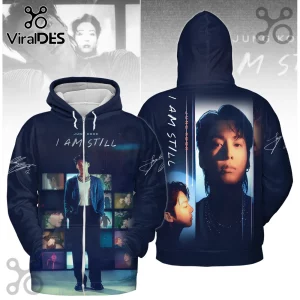 Jungkook I Am Still navy blue hoodie featuring graphic portraits, photo grid elements, and autograph text motifs.