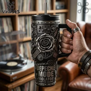Depeche Mode Violator 40oz handle tumbler featuring a black steampunk aesthetic with a rose, industrial gears, and chains.