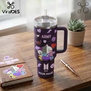 BTS Festa 2025 Custom Name Handle Tumbler in purple with BT21 character graphics and personalized name text area.