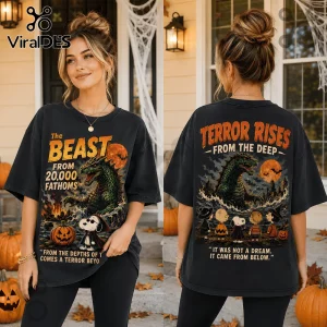 Snoopy Beast From 20,000 Fathoms Halloween 3D Shirt NTH1 featuring a giant monster, Snoopy, and vintage horror movie art.