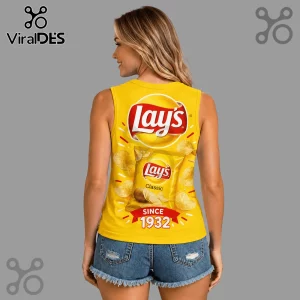 Lays Classic Potato Chips V-Neck Tank Top in bright yellow featuring a large brand logo and chip bag graphic on the back.