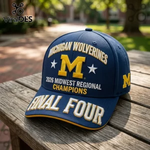 Navy blue Michigan Wolverines baseball cap with embroidered yellow M logo, 2026 Midwest Regional Champions, and Final Four.!