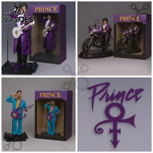 Prince 1/6 Scale Deluxe Collectible Action Figure set featuring musician variants with guitars, motorcycle, and boxes.