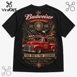 Black cotton t-shirt featuring vintage red truck, American flag, bald eagle, and Budweiser King of Beers branding.!