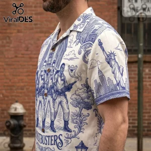 Ghostbusters Toile De Jouy Blue Button Down Shirt with New York City imagery and spirit-catching characters in blue ink.