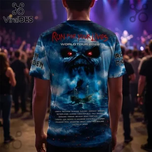 Iron Maiden Run For Your Lives 2026 tour t-shirt with blue storm graphics, monster face, ship, and global city tour list.!