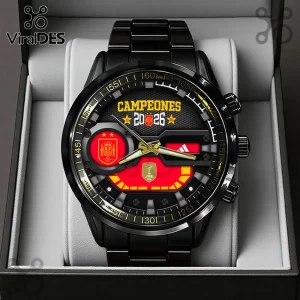 Spain National Team 2026 World Cup watch featuring a black metal strap, gold hands, and red accents in a gift box.