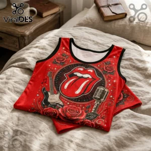 Red tank top featuring Rolling Stones tongue logo, black guitar, silver microphone, and red roses on textured fabric.!