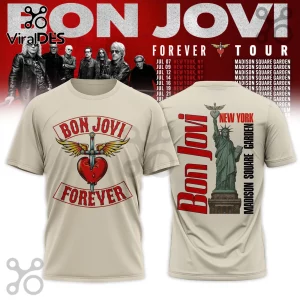 Beige graphic t-shirt featuring Bon Jovi Forever heart and sword logo on front and Statue of Liberty on back.!