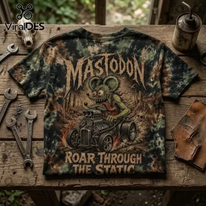 Tie-dye t-shirt featuring a green rat driving a hot rod with the text Mastodon and Roar Through The Static.!